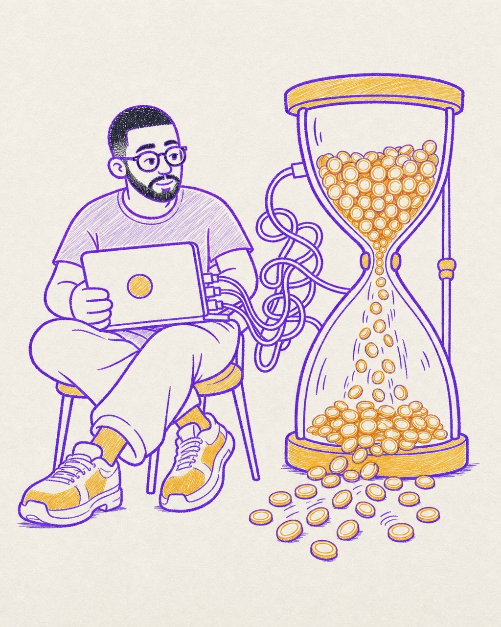 Hand-drawn marker illustration: a man with a laptop watches coins drain too fast through an hourglass tangled in cables.
