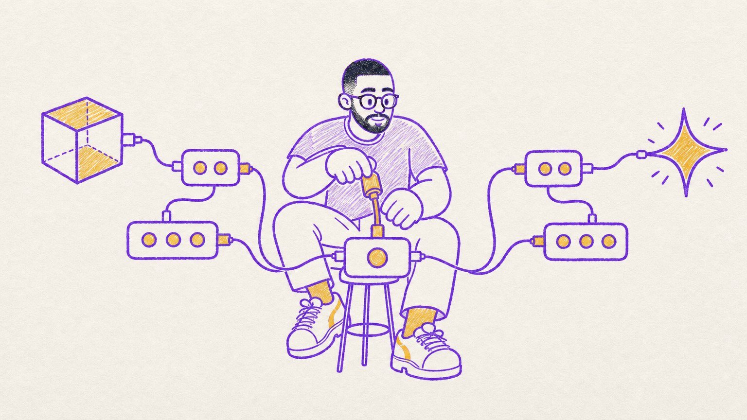 Marker illustration of Eliel on a stool patching a 3D cube and an AI sparkle into one node graph